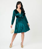 Green Velvet Long Sleeve Fit & Flare Dress - Unique Vintage - Womens, DRESSES, FIT AND FLARE
