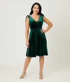 Green Velvet Sleeveless Swing Dress - Unique Vintage - Womens, DRESSES, SWING