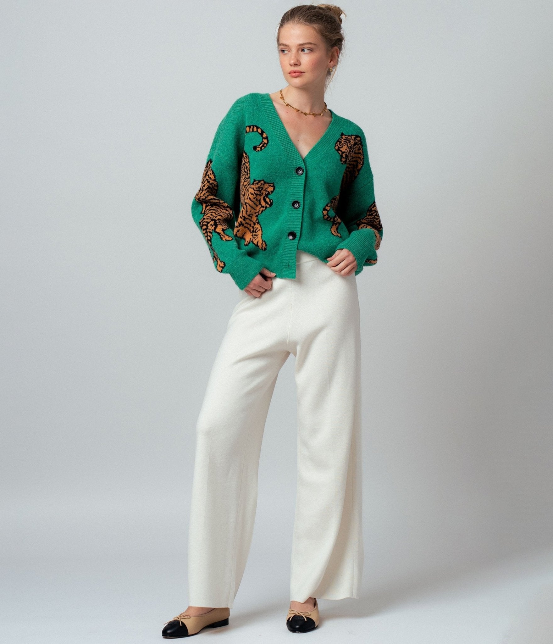 Green Wild Tiger Knit Cardigan - Unique Vintage - Womens, TOPS, SWEATERS