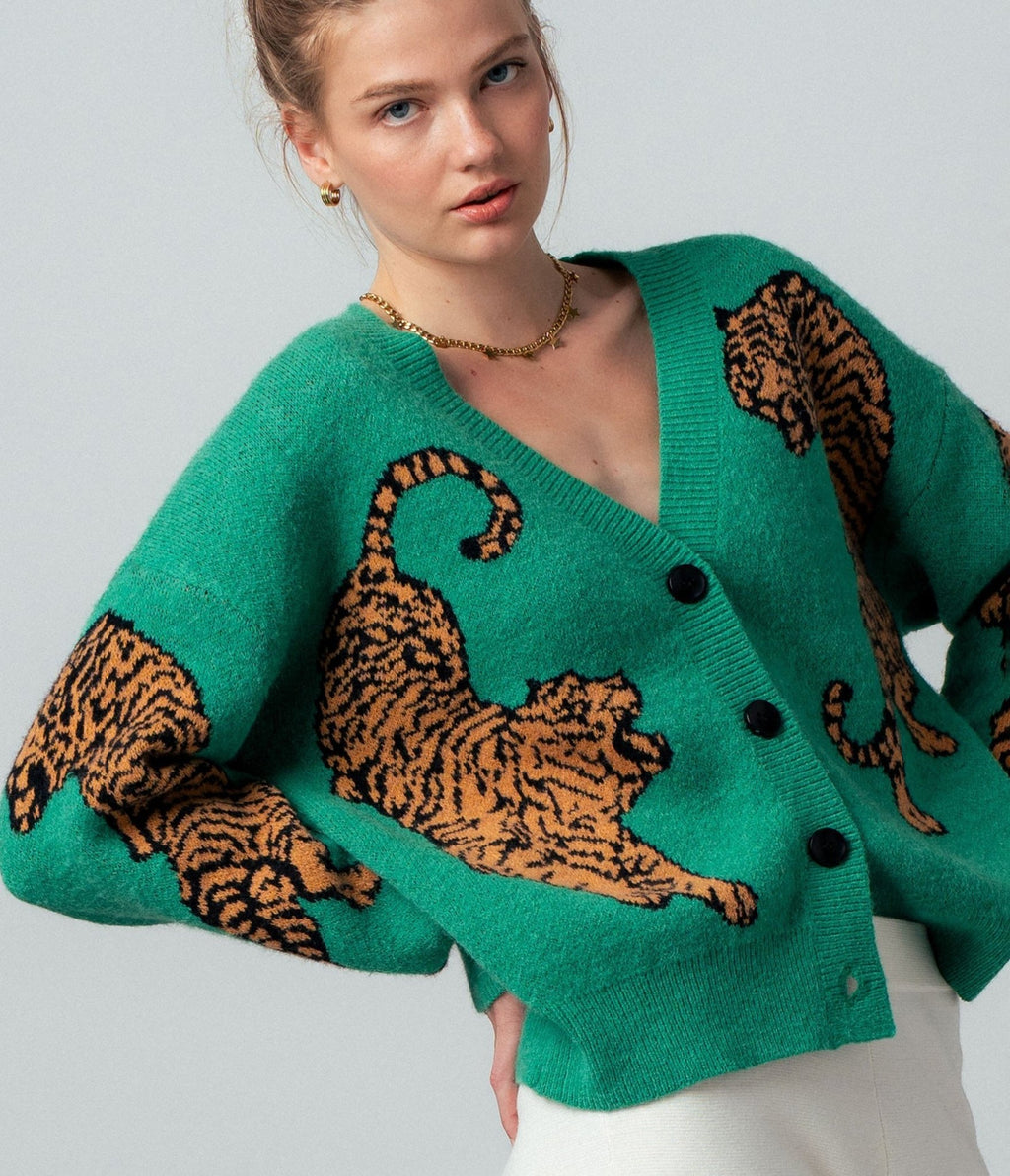 Green Wild Tiger Knit Cardigan - Unique Vintage - Womens, TOPS, SWEATERS