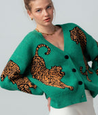 Green Wild Tiger Knit Cardigan - Unique Vintage - Womens, TOPS, SWEATERS