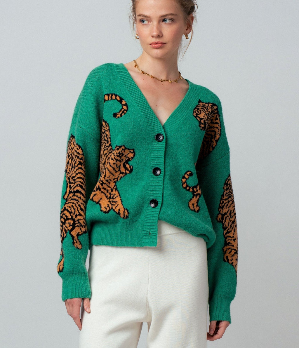 Green Wild Tiger Knit Cardigan - Unique Vintage - Womens, TOPS, SWEATERS