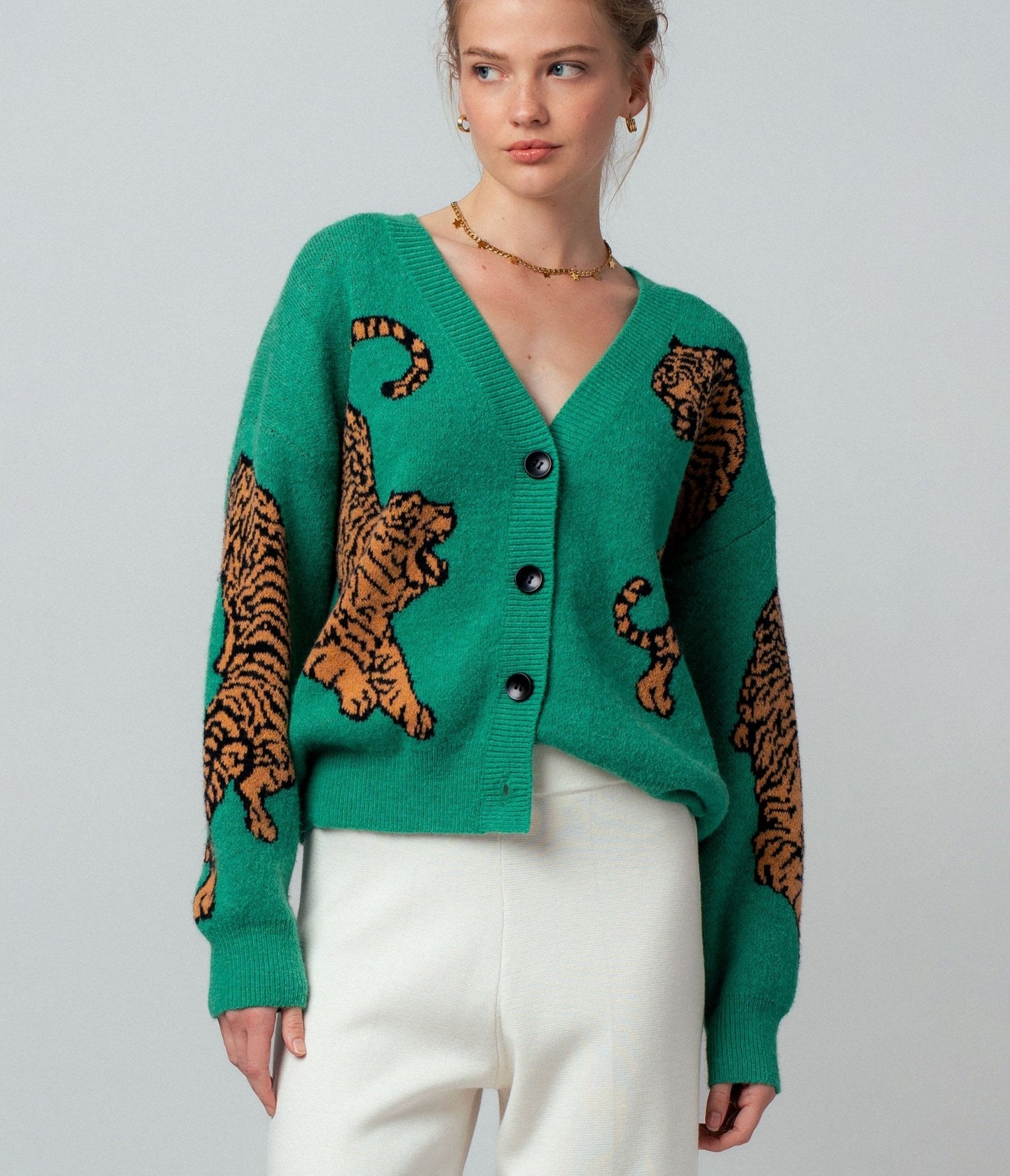Green Wild Tiger Knit Cardigan - Unique Vintage - Womens, TOPS, SWEATERS
