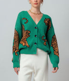Green Wild Tiger Knit Cardigan - Unique Vintage - Womens, TOPS, SWEATERS