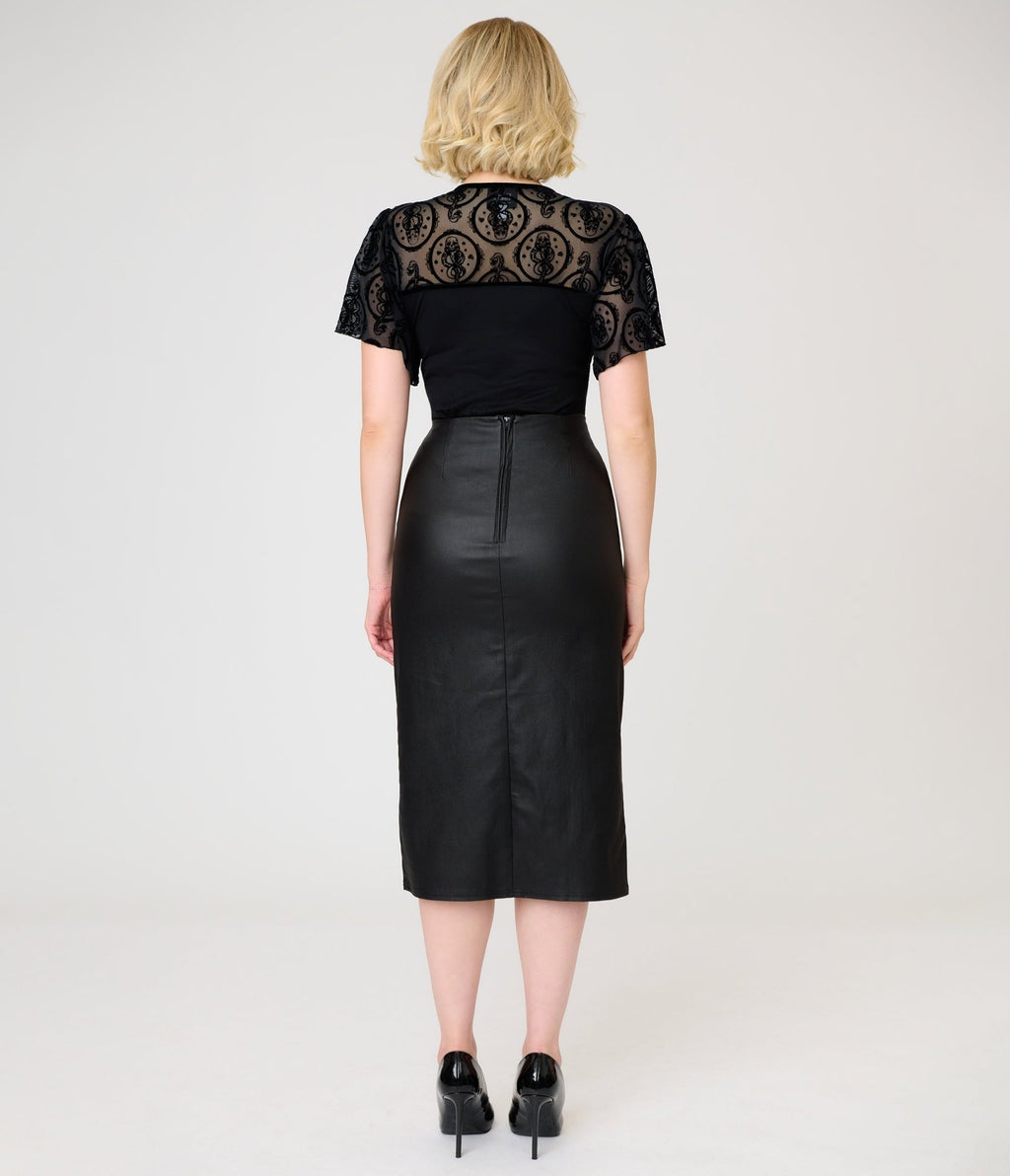 Harry Potter x Unique Vintage Black Dark Mark Vegan Leather Wiggle Skirt - Unique Vintage - Womens, BOTTOMS, SKIRTS