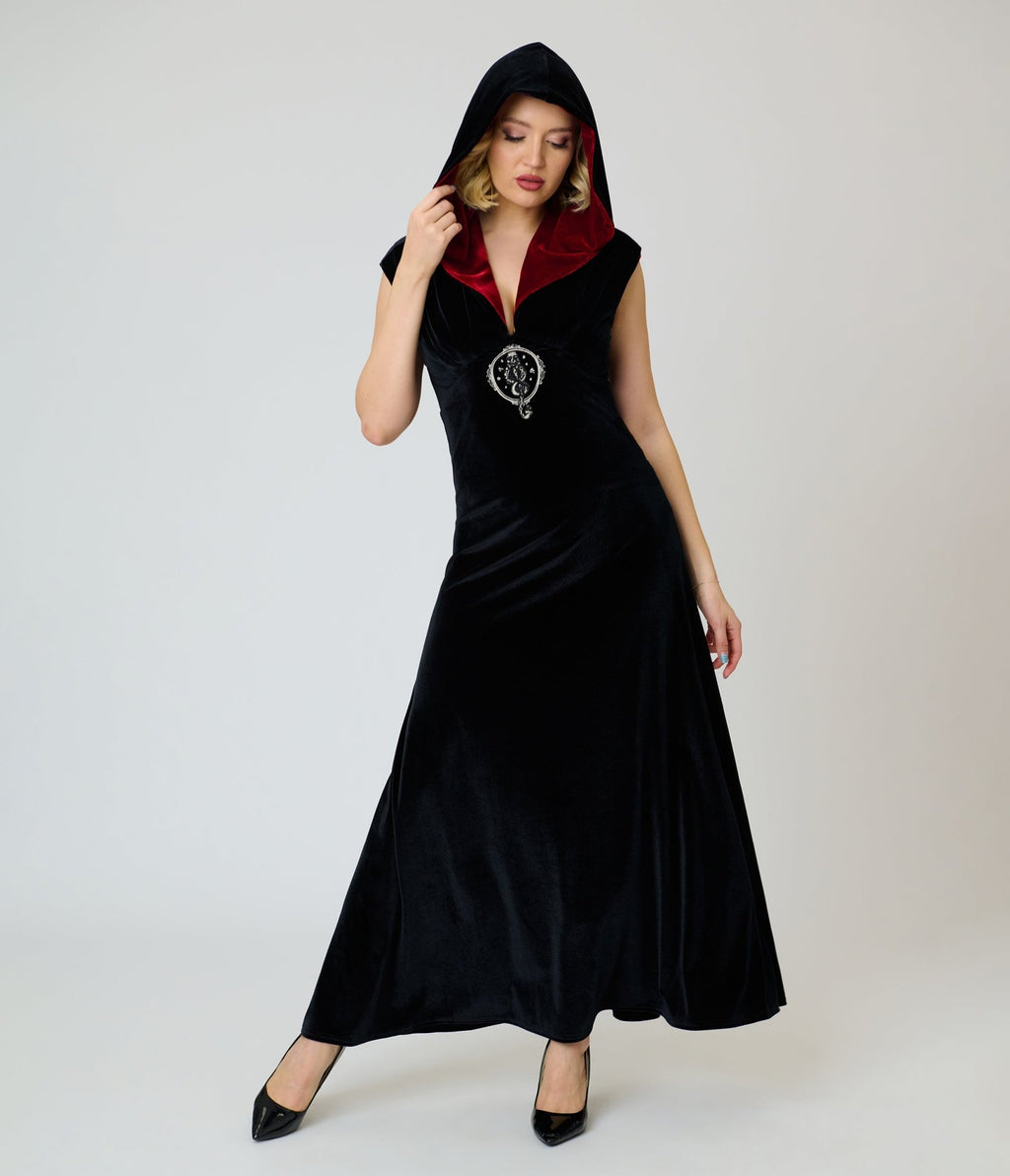 Harry Potter x Unique Vintage Black Dark Mark Velvet Hooded Maxi Dress
