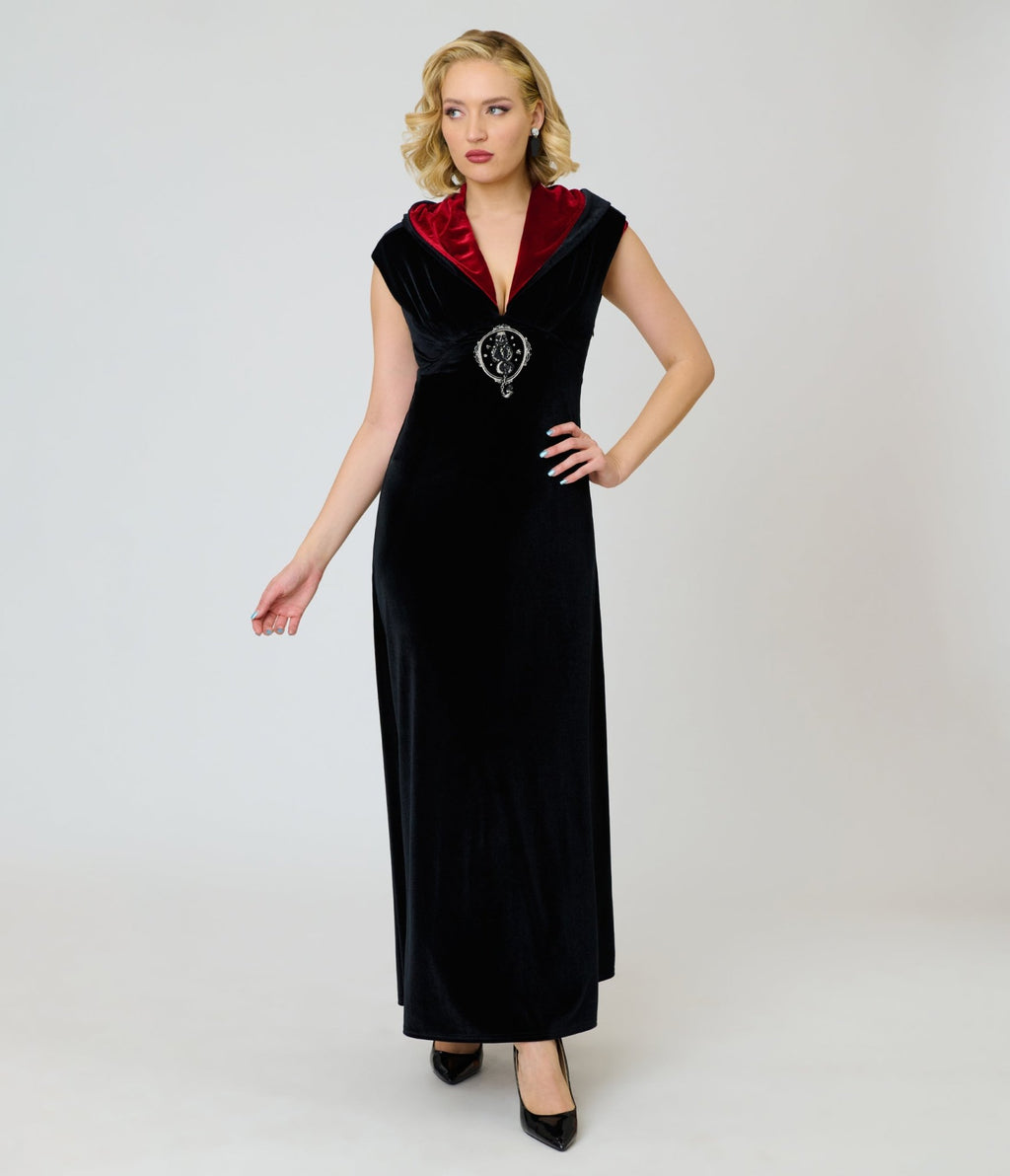 Harry Potter x Unique Vintage Black Dark Mark Velvet Hooded Maxi Dress - Unique Vintage - Womens, DRESSES, MAXI