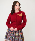 Harry Potter x Unique Vintage Burgundy Hedwig Embroidered Cropped Cardigan - Unique Vintage - Womens, TOPS, SWEATERS