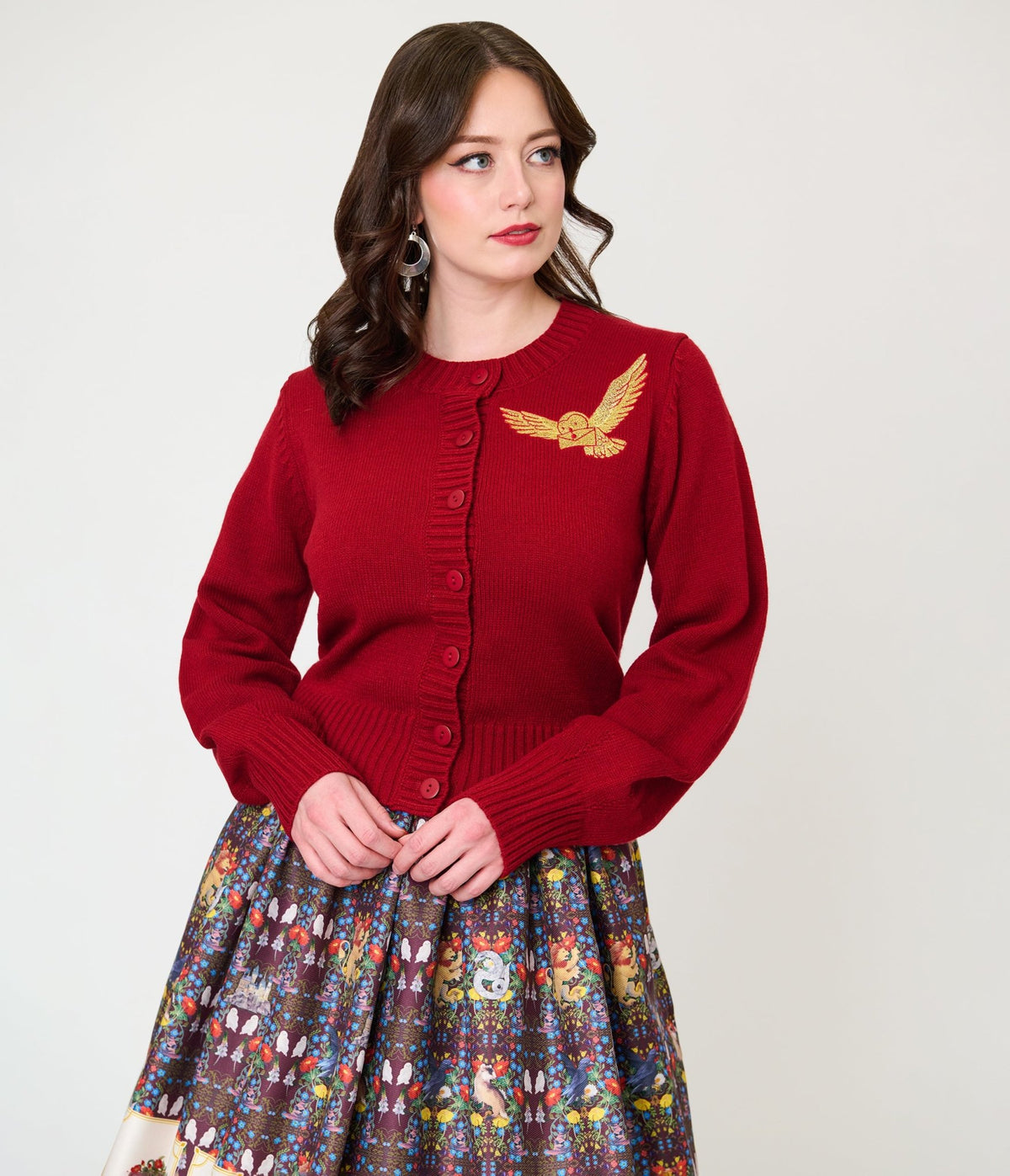 Harry Potter x Unique Vintage Burgundy Hedwig Embroidered Cropped Cardigan - Unique Vintage - Womens, TOPS, SWEATERS