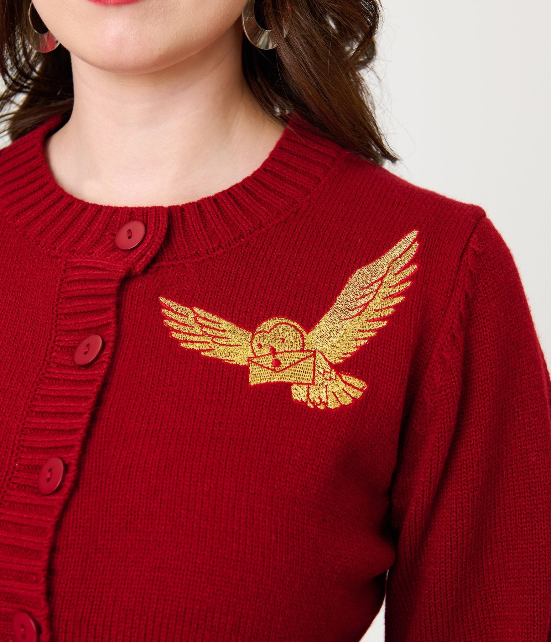 Harry Potter x Unique Vintage Burgundy Hedwig Embroidered Cropped Cardigan - Unique Vintage - Womens, TOPS, SWEATERS