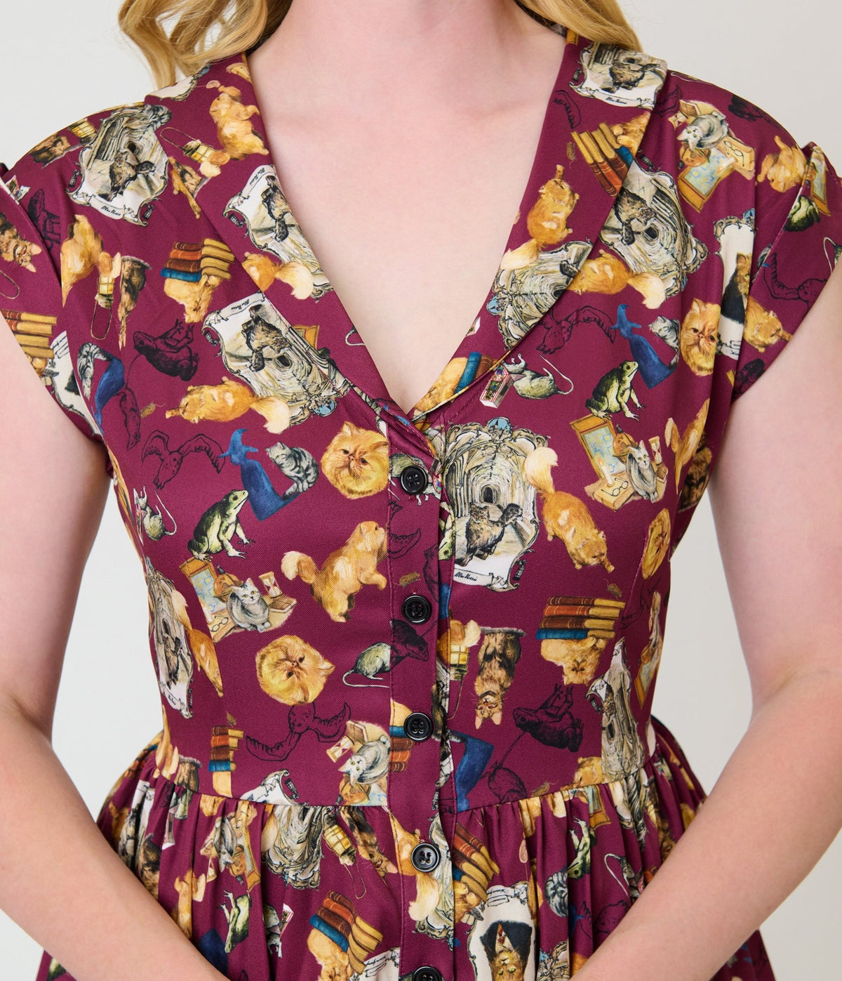 Harry Potter x Unique Vintage Burgundy Magical Creatures Swing Dress - Unique Vintage - Womens, DRESSES, SWING