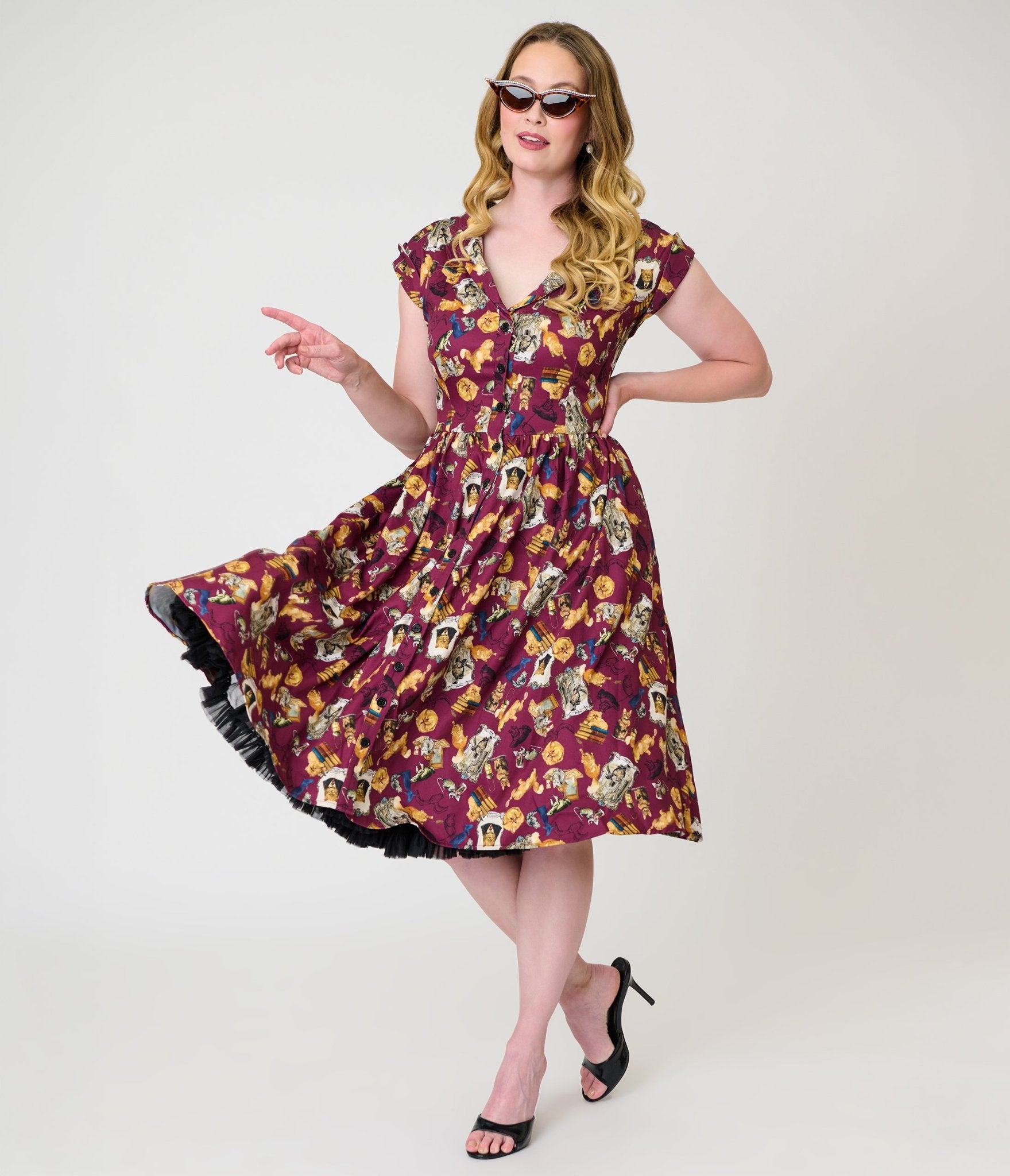 Harry Potter x Unique Vintage Burgundy Magical Creatures Swing Dress