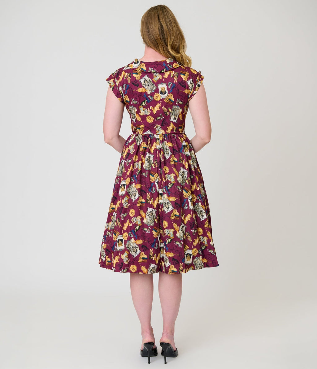 Harry Potter x Unique Vintage Burgundy Magical Creatures Swing Dress - Unique Vintage - Womens, DRESSES, SWING
