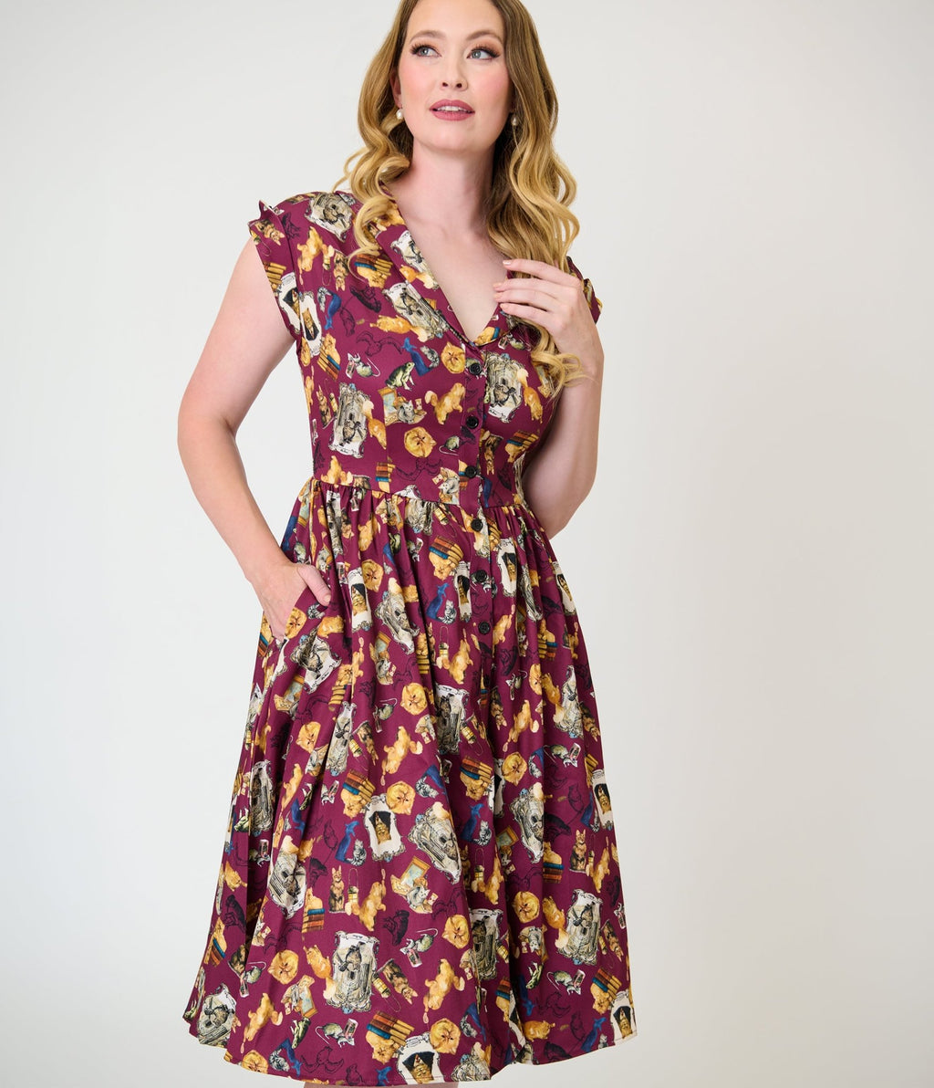 Harry Potter x Unique Vintage Burgundy Magical Creatures Swing Dress - Unique Vintage - Womens, DRESSES, SWING