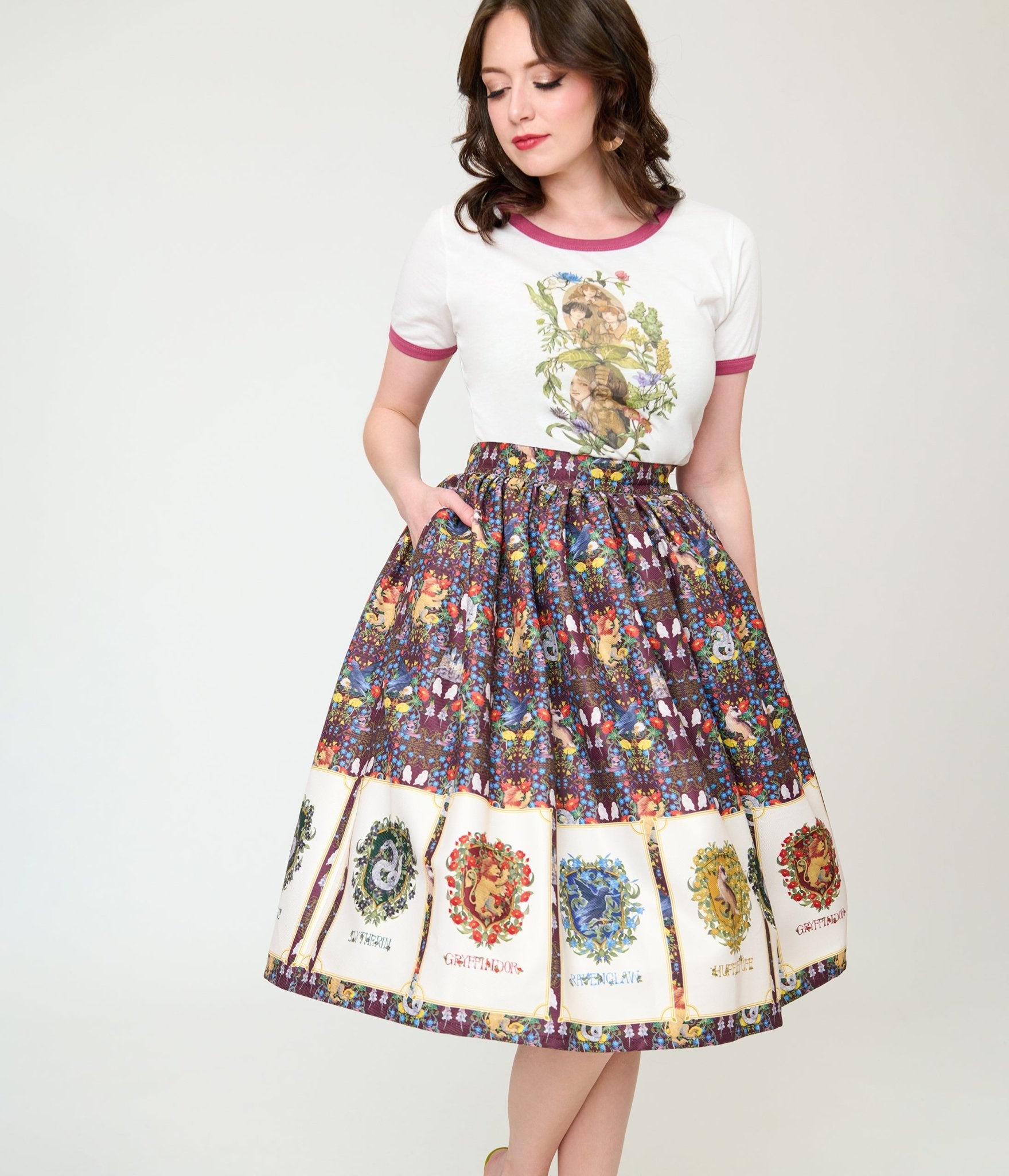 Harry Potter x Unique Vintage Hogwarts House Crests Gellar Swing Skirt - Unique Vintage - Womens, BOTTOMS, SKIRTS
