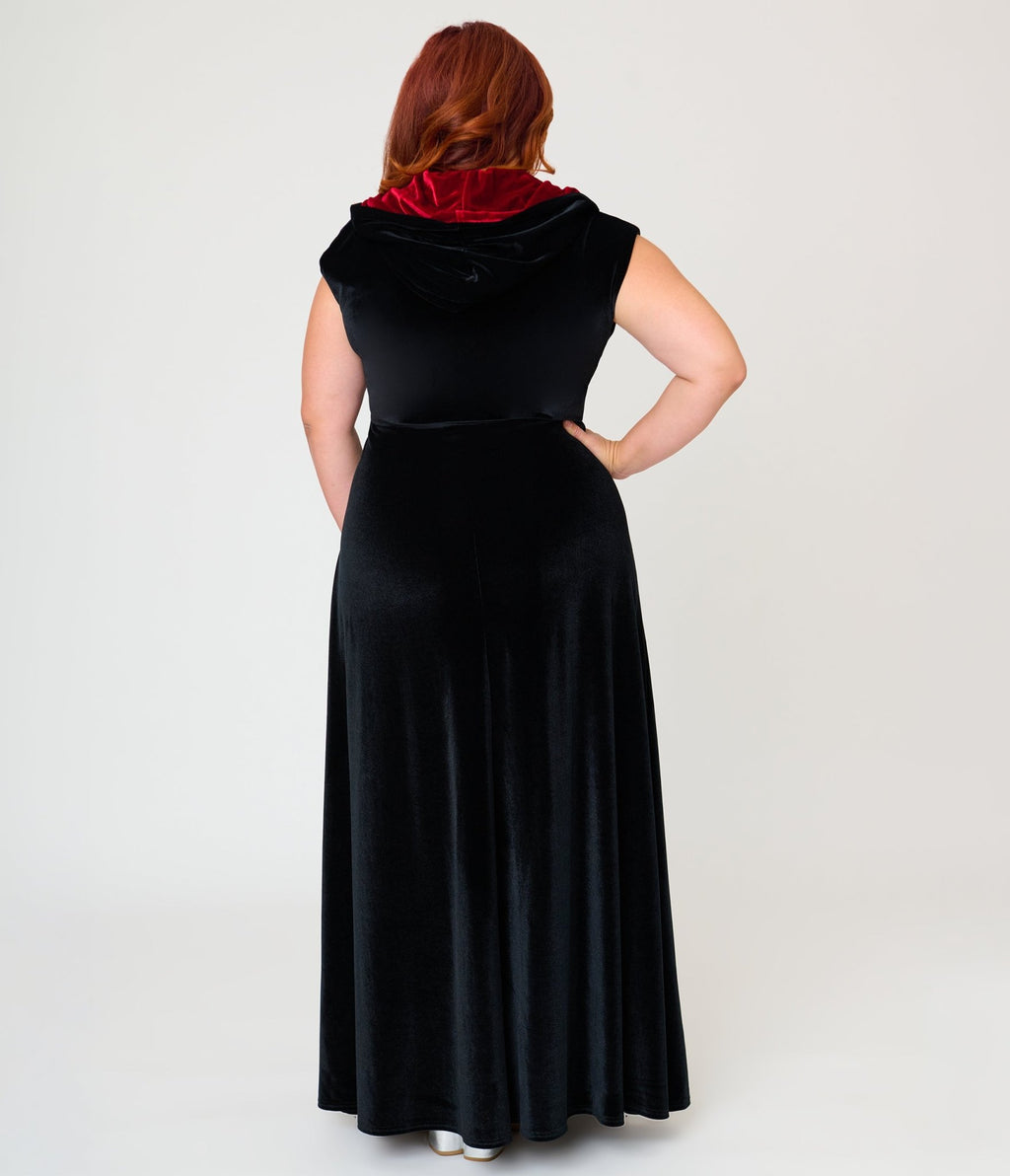 Harry Potter x Unique Vintage Plus Size Black Dark Mark Velvet Hooded Maxi Dress - Unique Vintage - Womens, DRESSES, MAXI