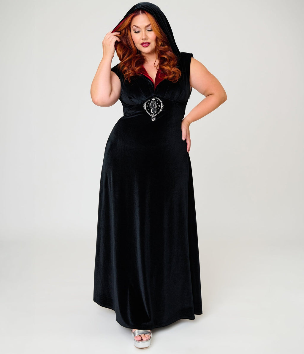 Harry Potter x Unique Vintage Plus Size Black Dark Mark Velvet Hooded Maxi Dress - Unique Vintage - Womens, DRESSES, MAXI