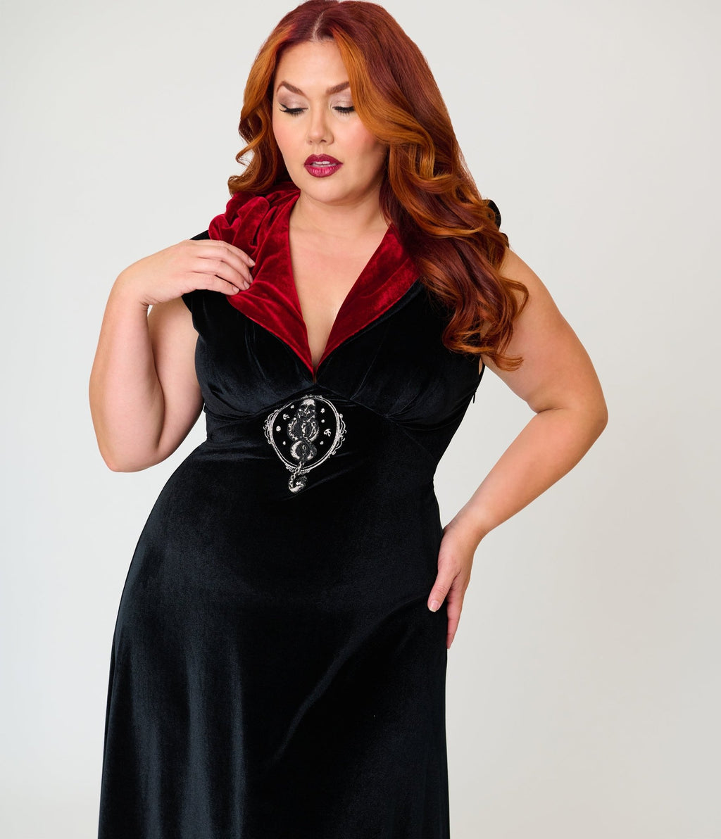 Harry Potter x Unique Vintage Plus Size Black Dark Mark Velvet Hooded Maxi Dress - Unique Vintage - Womens, DRESSES, MAXI