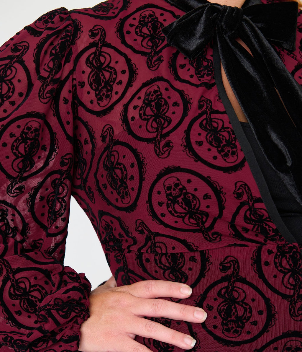 Harry Potter x Unique Vintage Plus Size Burgundy Dark Mark Starlet Duster - Unique Vintage - Womens, DRESSES, MIDI