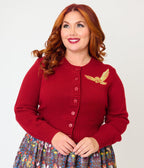 Harry Potter x Unique Vintage Plus Size Burgundy Hedwig Embroidered Cropped Cardigan - Unique Vintage - Womens, TOPS, SWEATERS
