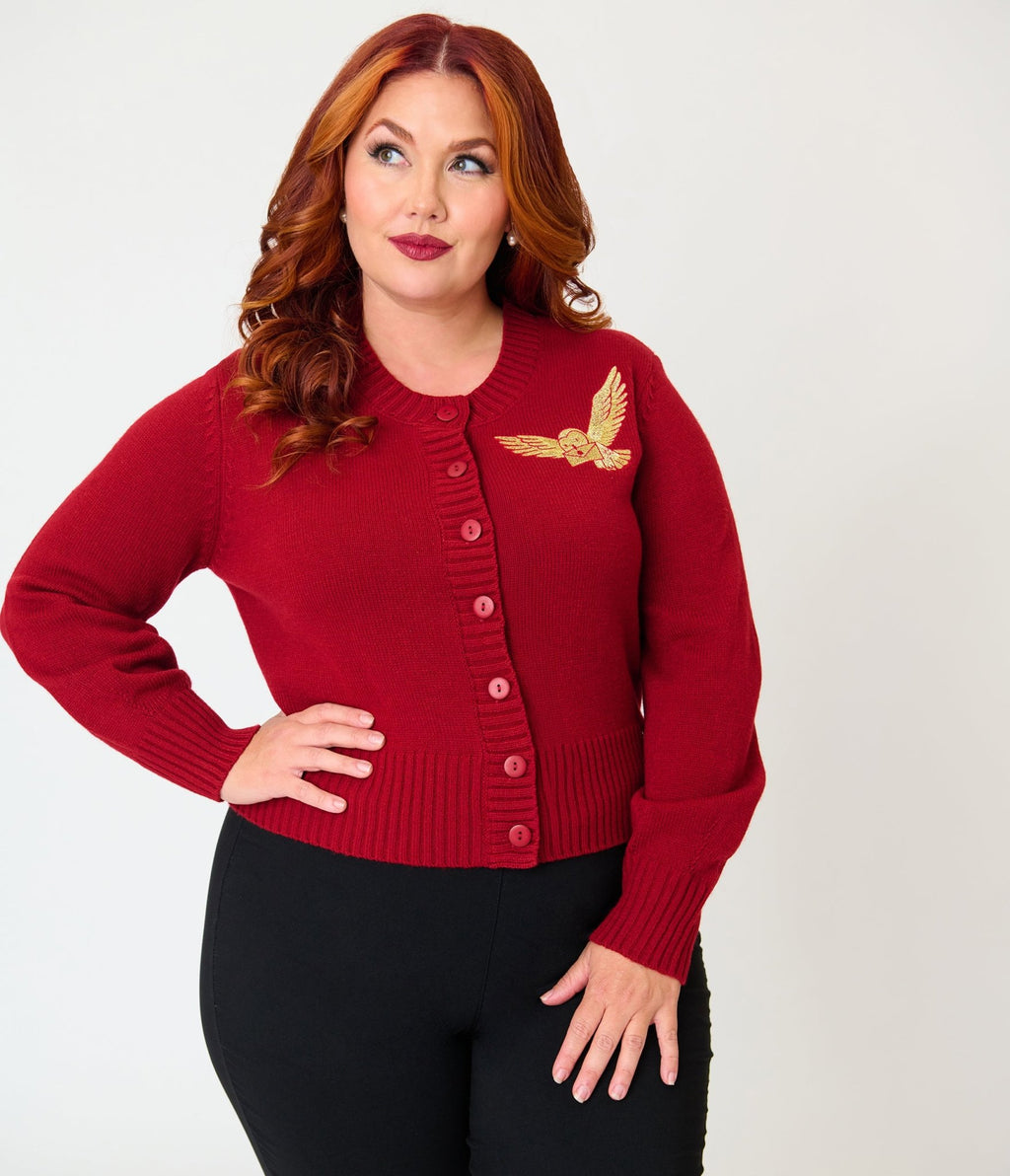 Harry Potter x Unique Vintage Plus Size Burgundy Hedwig Embroidered Cropped Cardigan - Unique Vintage - Womens, TOPS, SWEATERS