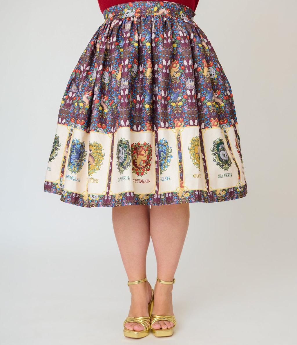 Harry Potter x Unique Vintage Plus Size Hogwarts House Crests Gellar Swing Skirt - Unique Vintage - Womens, BOTTOMS, SKIRTS