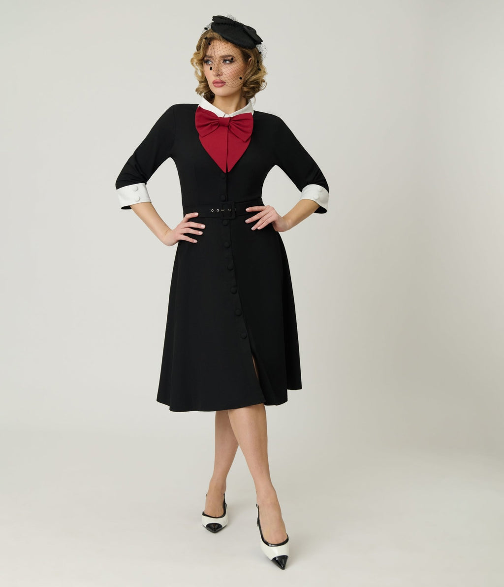 Heart My Closet 1950s Black & Red Bow Lindy Swing Dress - Unique Vintage - Womens, DRESSES, SWING