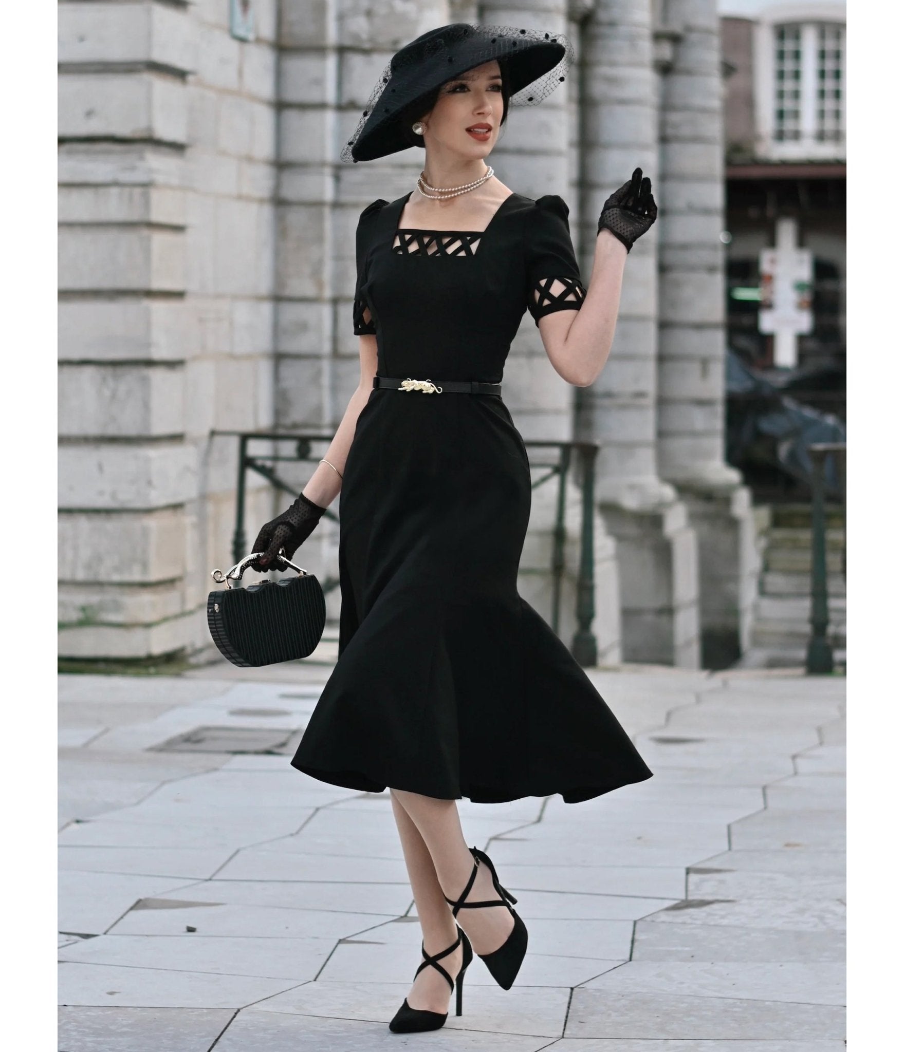 Heart My Closet Black 1950s Peggy Midi Dress - Unique Vintage - Womens, DRESSES, VINTAGE
