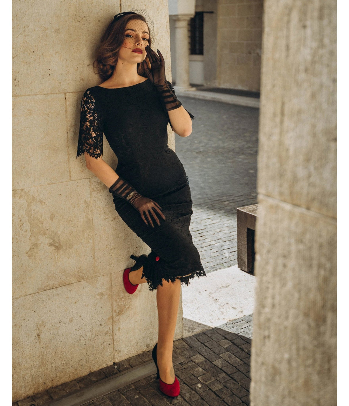 Heart My Closet Black Lace Deborah Pencil Dress - Unique Vintage - Midi Dresses