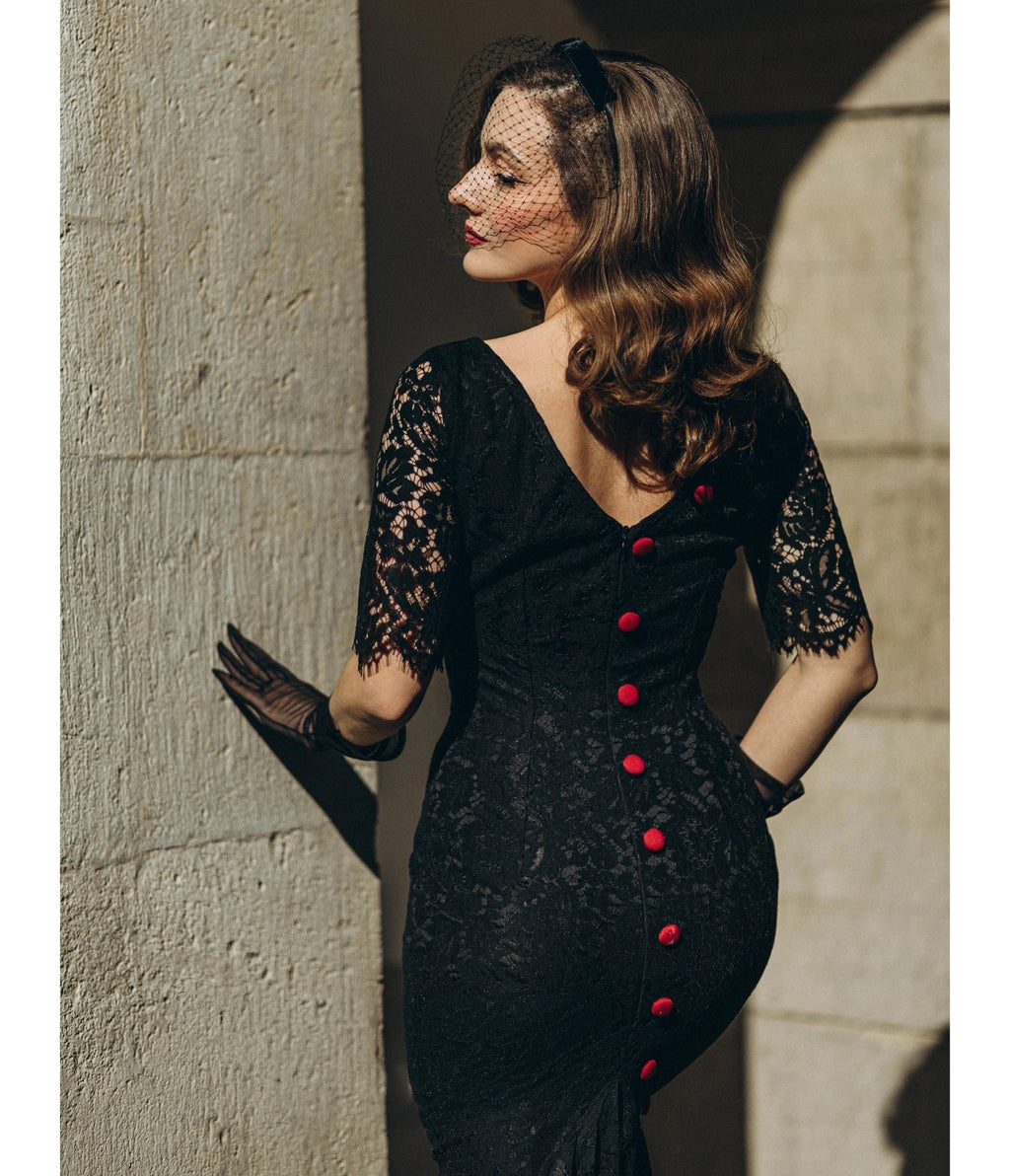 Heart My Closet Black Lace Deborah Pencil Dress - Unique Vintage - Midi Dresses