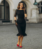Heart My Closet Black Lace Deborah Pencil Dress - Unique Vintage - Midi Dresses
