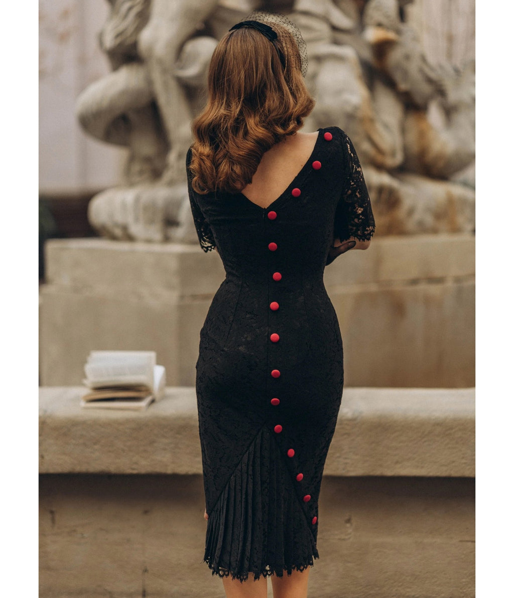 Heart My Closet Black Lace Deborah Pencil Dress - Unique Vintage - Midi Dresses