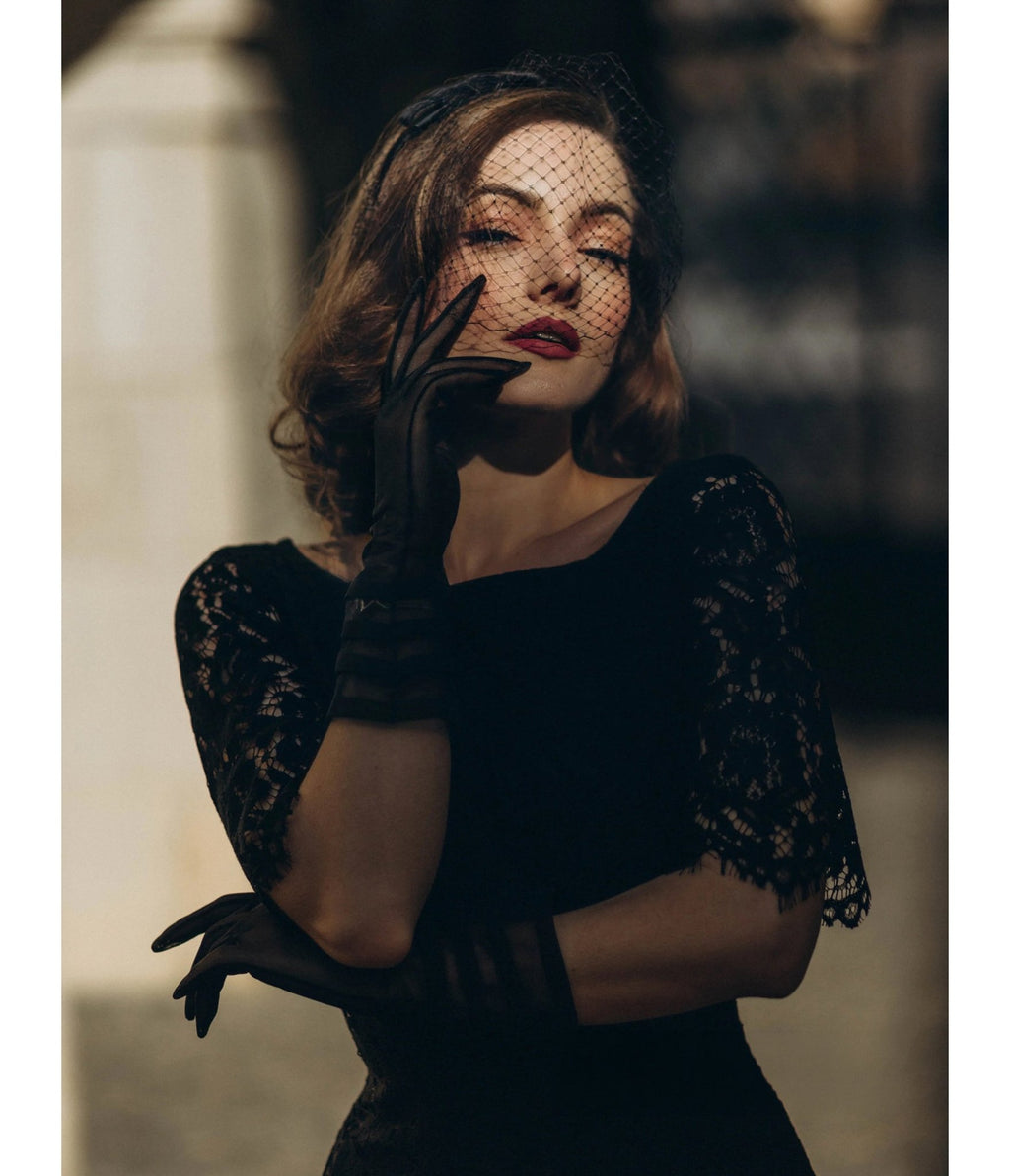 Heart My Closet Black Lace Deborah Pencil Dress - Unique Vintage - Midi Dresses