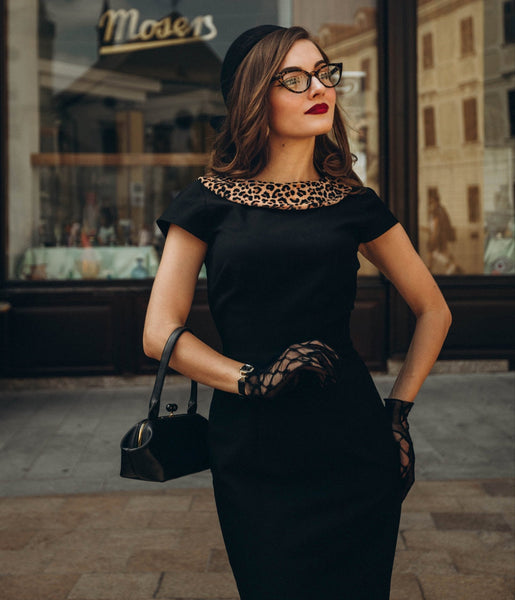Heart My Closet Black & Leopard Print Dorothy Pencil Dress – Unique Vintage