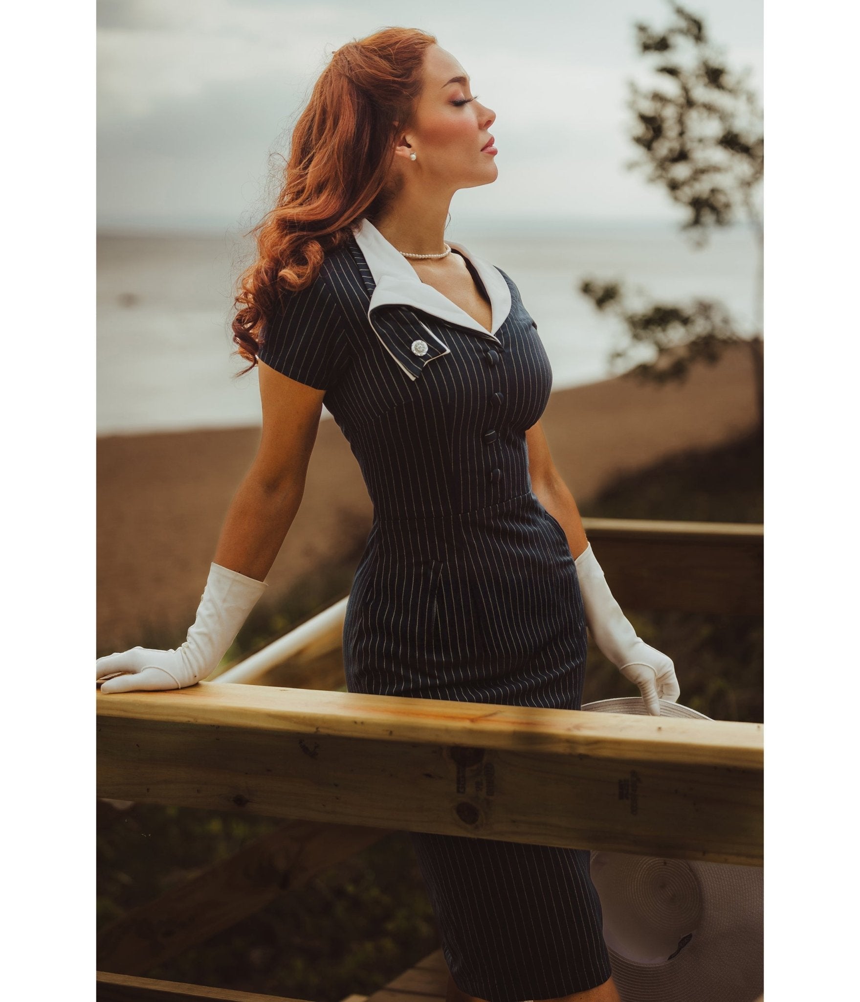 Heart My Closet Black Pinstripe Devon Pencil Dress - Unique Vintage - Womens, DRESSES, WIGGLE