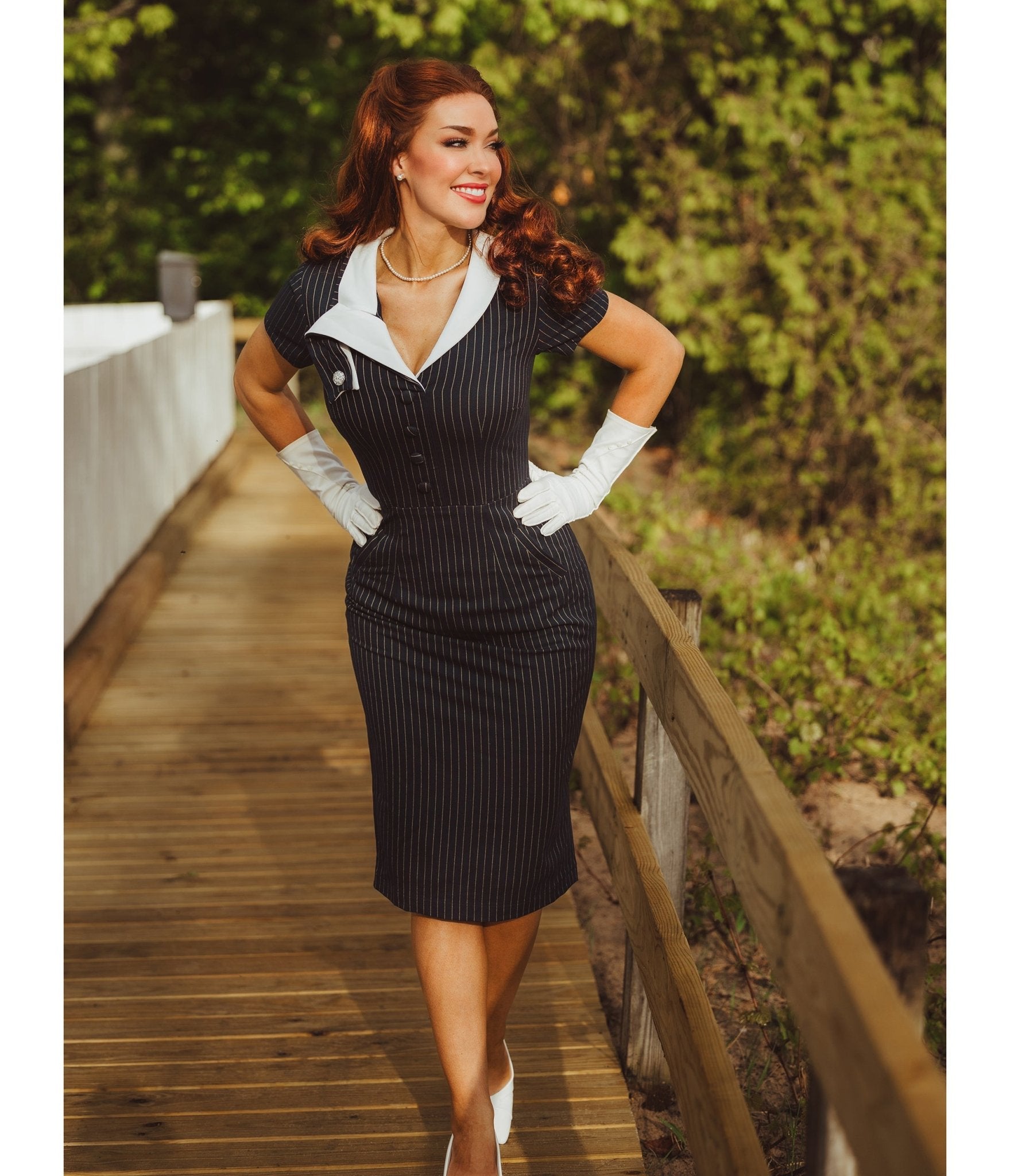 Heart My Closet Black Pinstripe Devon Pencil Dress - Unique Vintage - Womens, DRESSES, WIGGLE