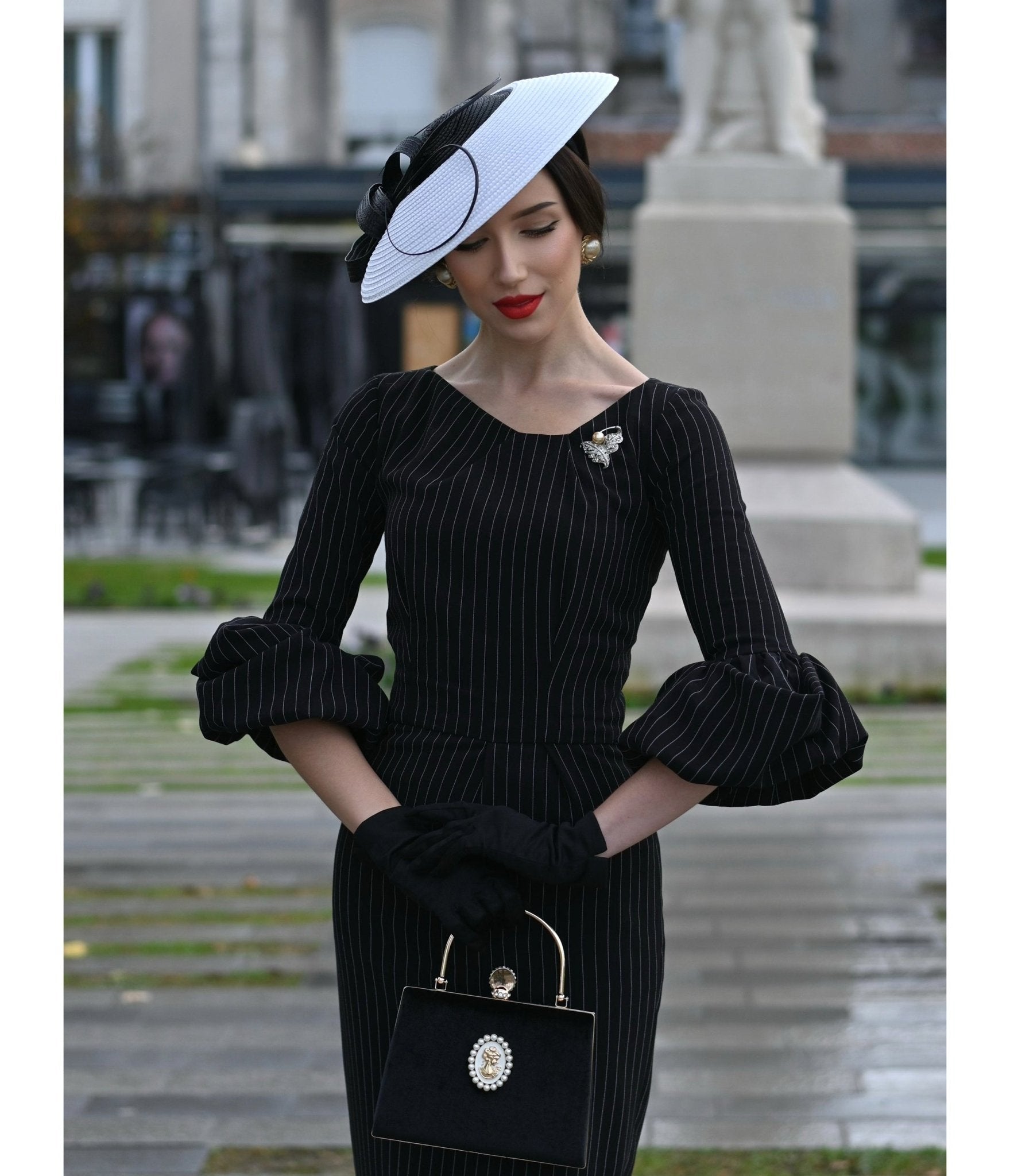 Heart My Closet Black Pinstripe Mila Pencil Dress - Unique Vintage - Womens, DRESSES, WIGGLE