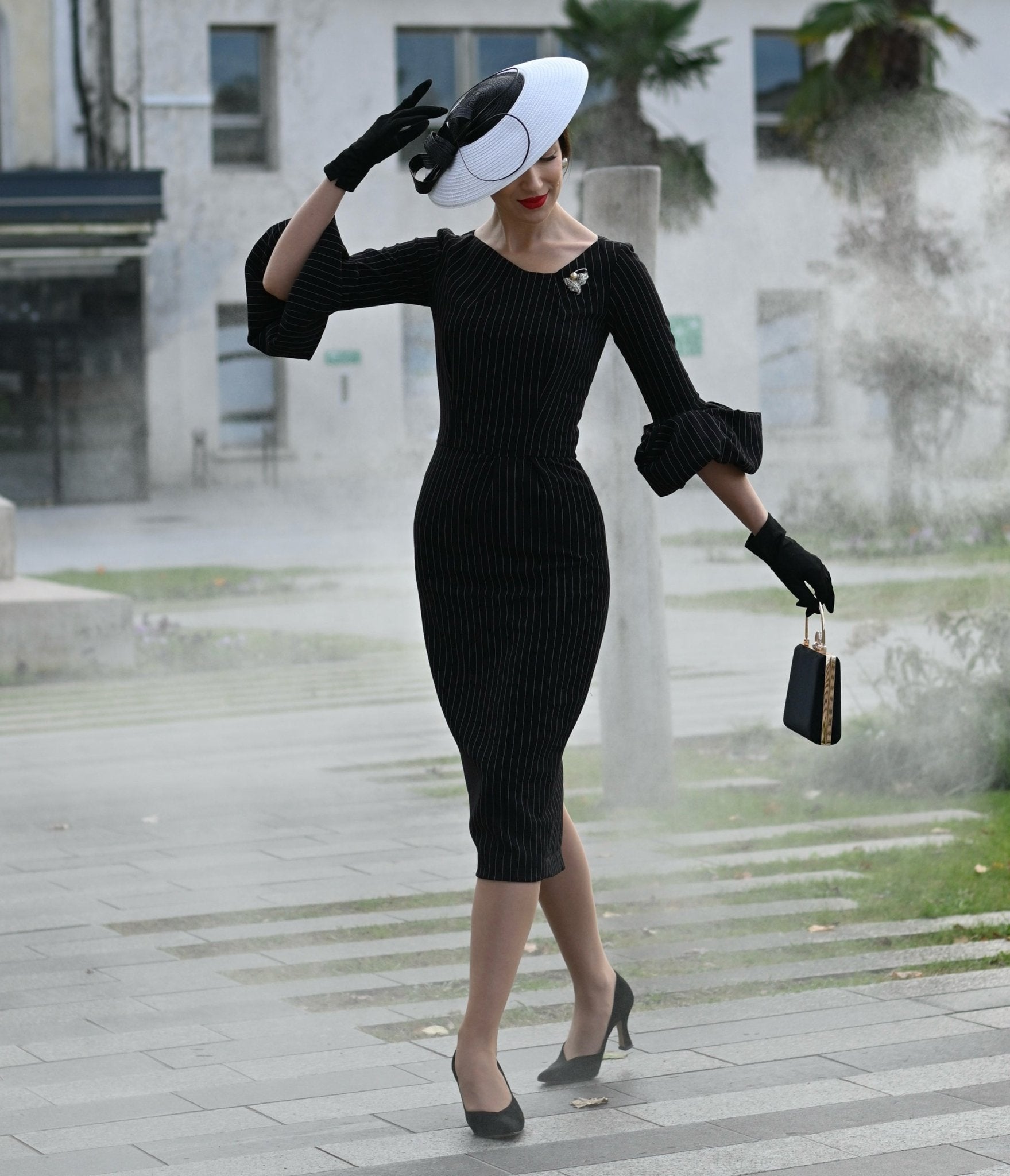 Heart My Closet Black Pinstripe Mila Pencil Dress - Unique Vintage - Womens, DRESSES, WIGGLE