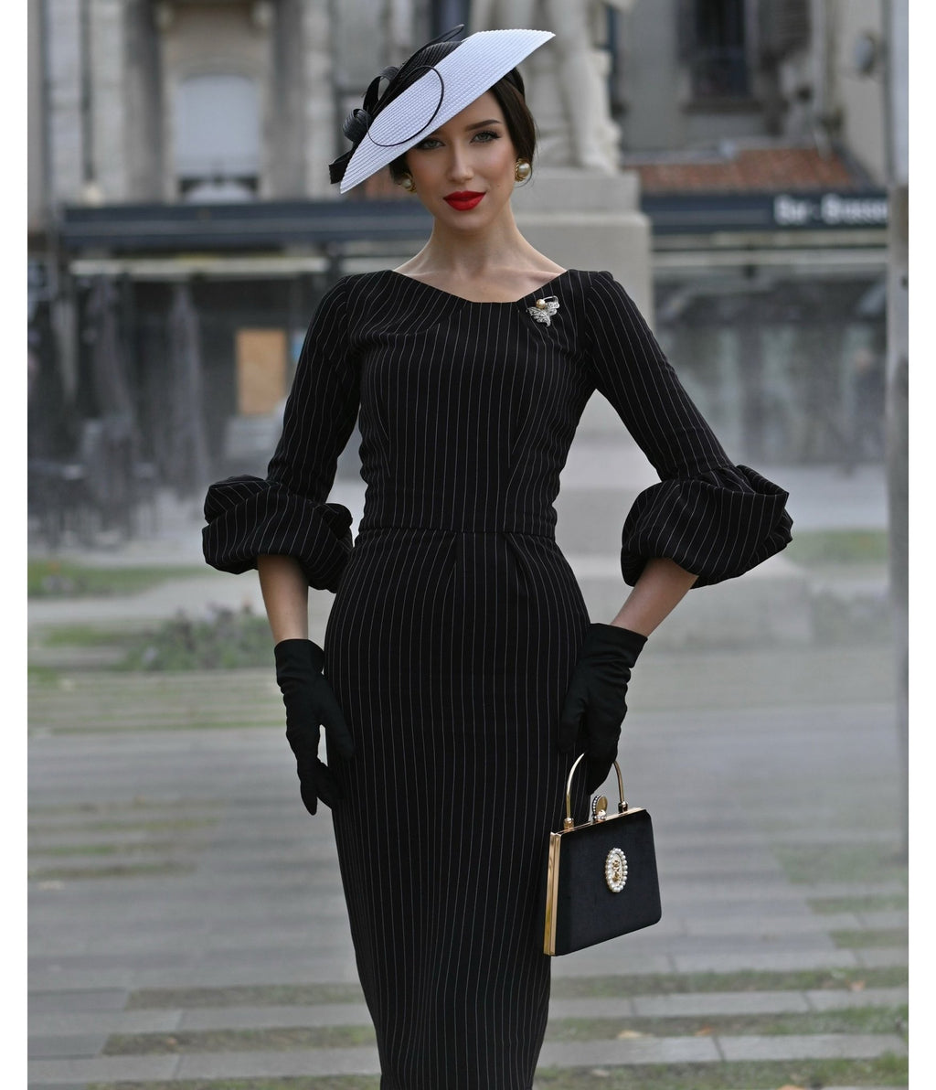 Heart My Closet Black Pinstripe Mila Pencil Dress - Unique Vintage - Womens, DRESSES, WIGGLE