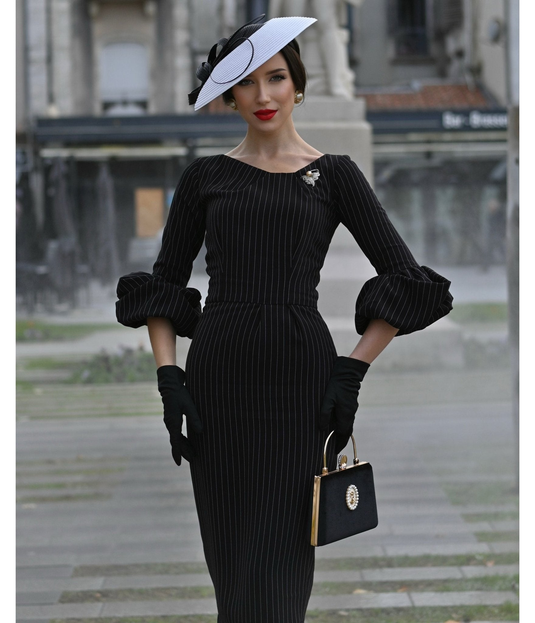 Heart My Closet Black Pinstripe Mila Pencil Dress - Unique Vintage - Womens, DRESSES, WIGGLE