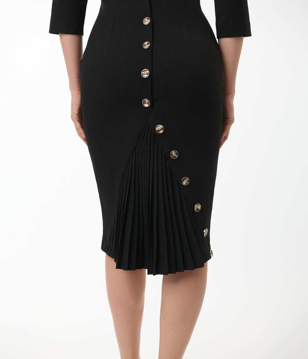 Heart My Closet Black Pleated Back Deborah Pencil Dress - Unique Vintage - Womens, DRESSES, WIGGLE