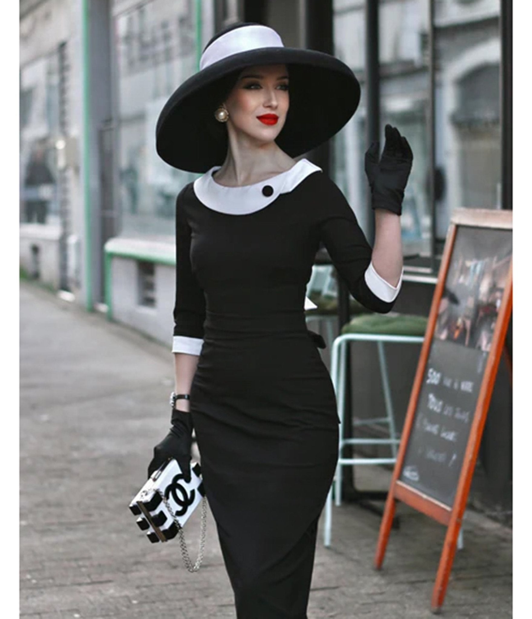 Heart My Closet Black & White Laura Pencil Dress - Unique Vintage - Womens, DRESSES, VINTAGE
