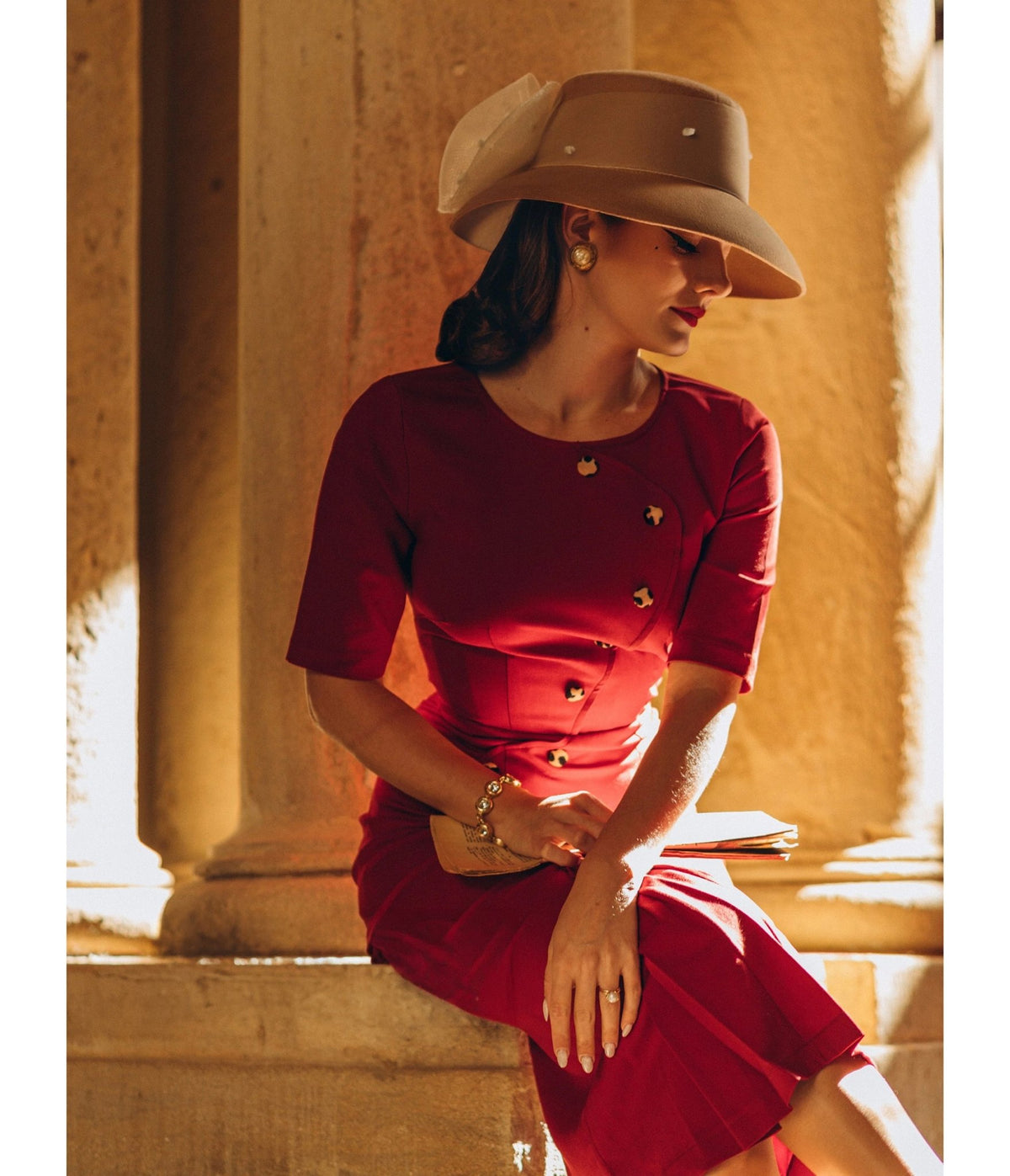 Heart My Closet Burgundy Crepe Celine Pencil Dress - Unique Vintage - Pencil Dresses