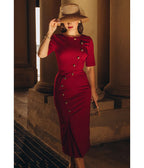 Heart My Closet Burgundy Crepe Celine Pencil Dress - Unique Vintage - Pencil Dresses