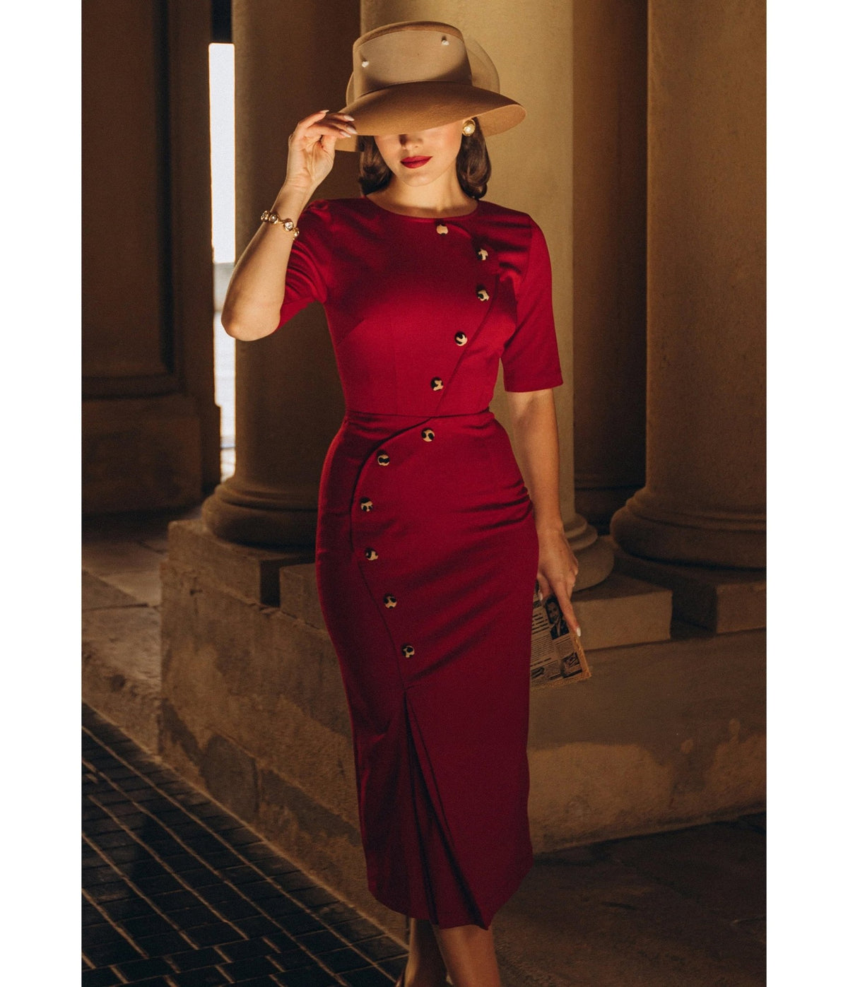 Heart My Closet Burgundy Crepe Celine Pencil Dress - Unique Vintage - Pencil Dresses