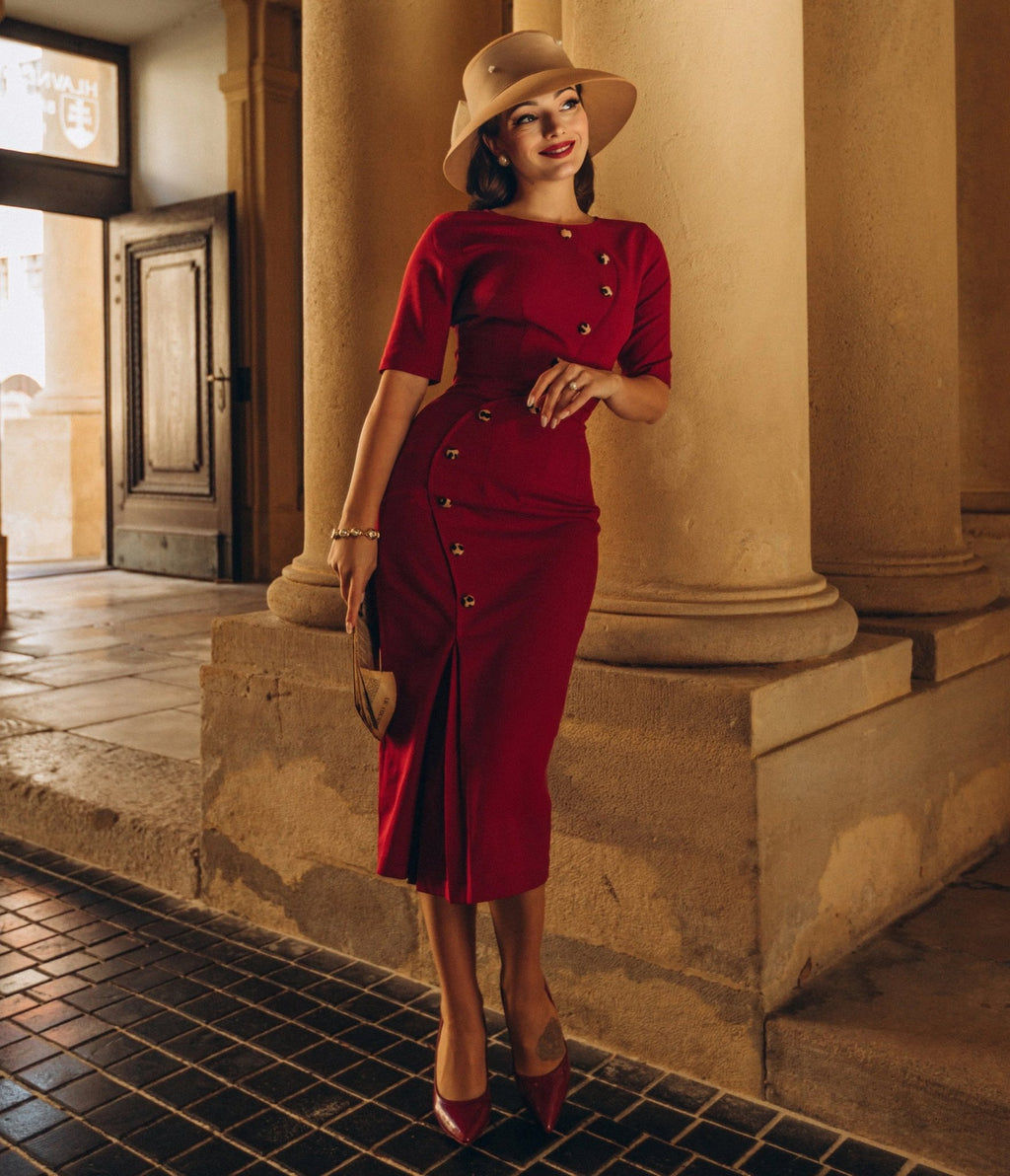 Heart My Closet Burgundy Crepe Celine Pencil Dress - Unique Vintage - Pencil Dresses