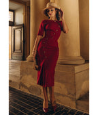 Heart My Closet Burgundy Crepe Celine Pencil Dress - Unique Vintage - Pencil Dresses