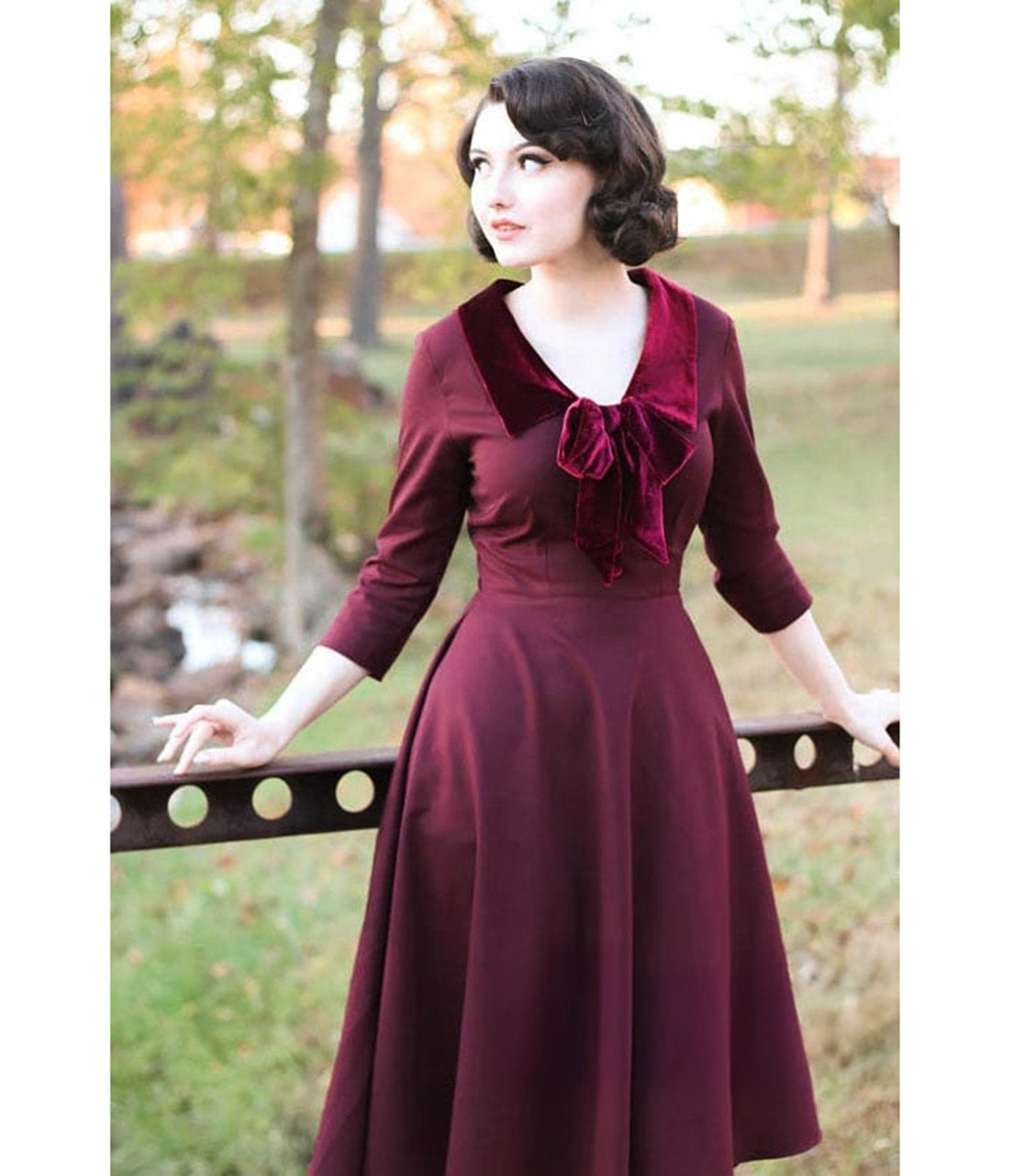 Heart My Closet Burgundy Velvet Trim Swing Dress - Unique Vintage - Womens, DRESSES, FIT AND FLARE