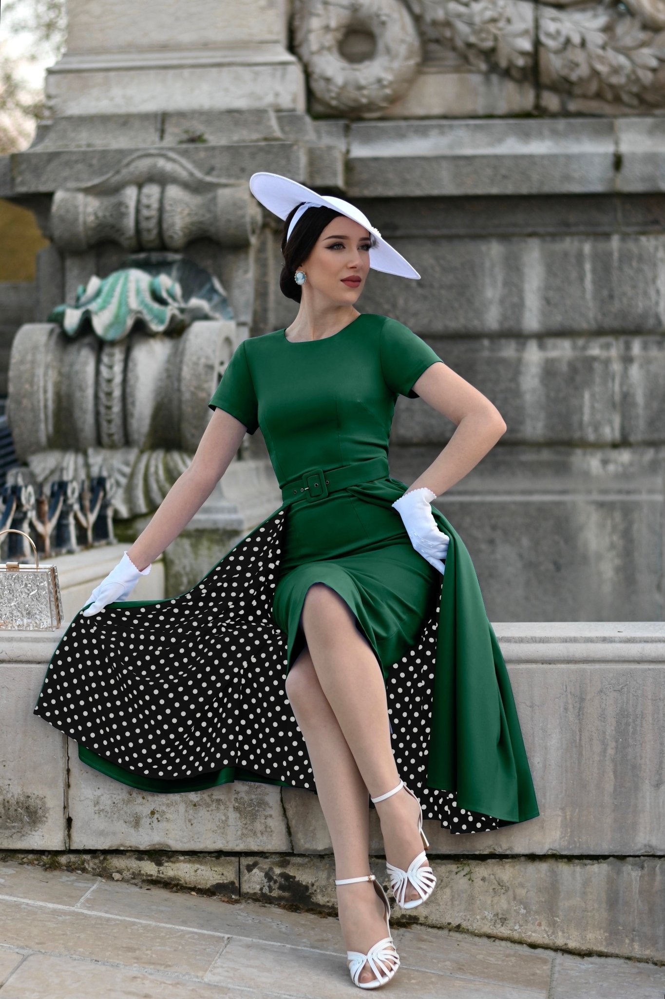 Heart My Closet Emerald Green & Polka Dot Skirt Wrap Pencil Dress - Unique Vintage - Womens, DRESSES, WIGGLE