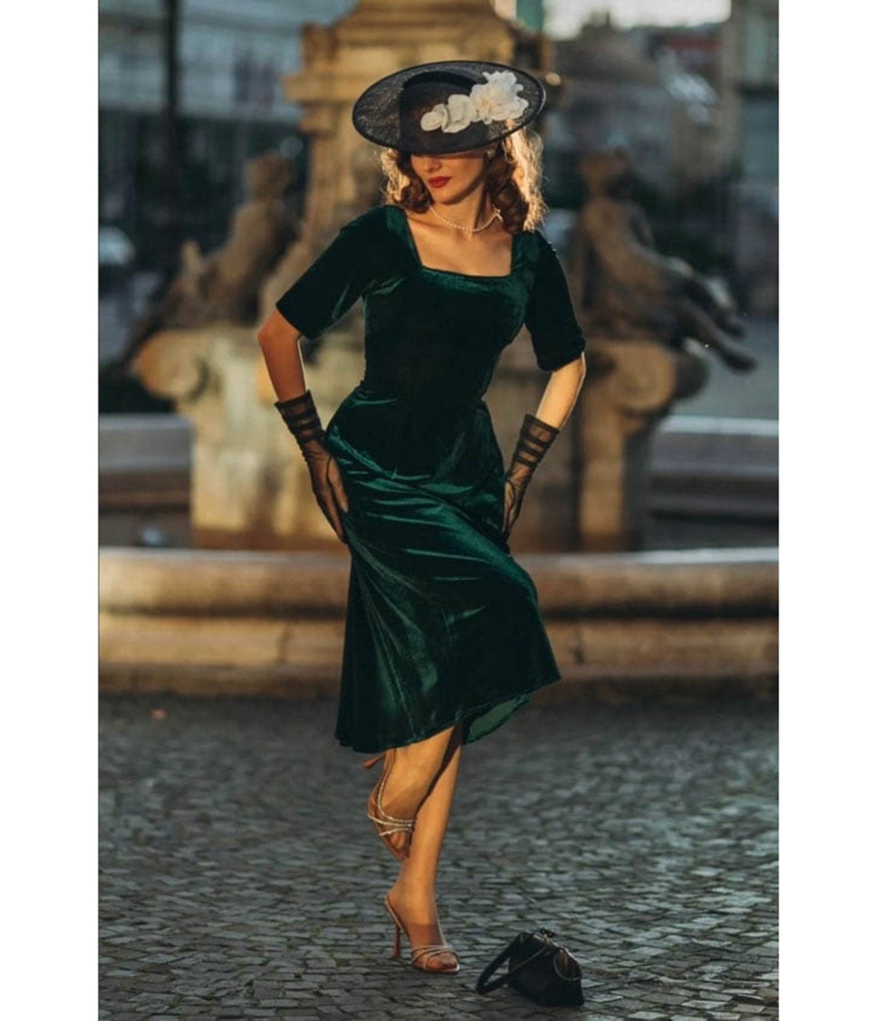 Heart My Closet Emerald Velvet Anna Swing Dress - Unique Vintage - Womens, DRESSES, FIT AND FLARE